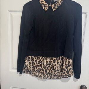 Marled Black Top with Animal Print Accent